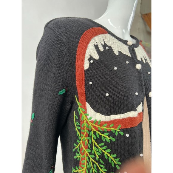 Hampshire Studio Christmas Holiday Cardigan Sm Blk Santa 55% Ramie, 45% Cotton - Picture 2 of 16